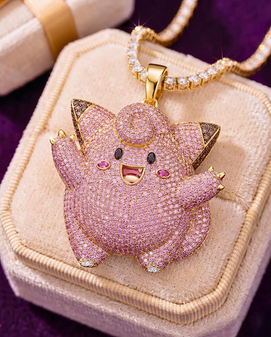 Rare Iced Out Clefairy Pokémon Pendant | 925 Sterling Silver Anime Jewelry | Gold Plated Custom Charm | Hip Hop Gamer Gift For her/him