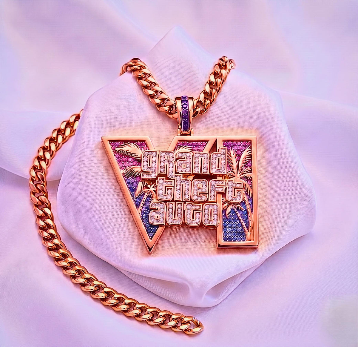 925 Silver GTA 6 Vice City Pendant, Gold Plated 6A CZ Iced Out Necklace, Grand Theft Auto Hip Hop Jewelry, Gamer Bling Chain Gift for Men