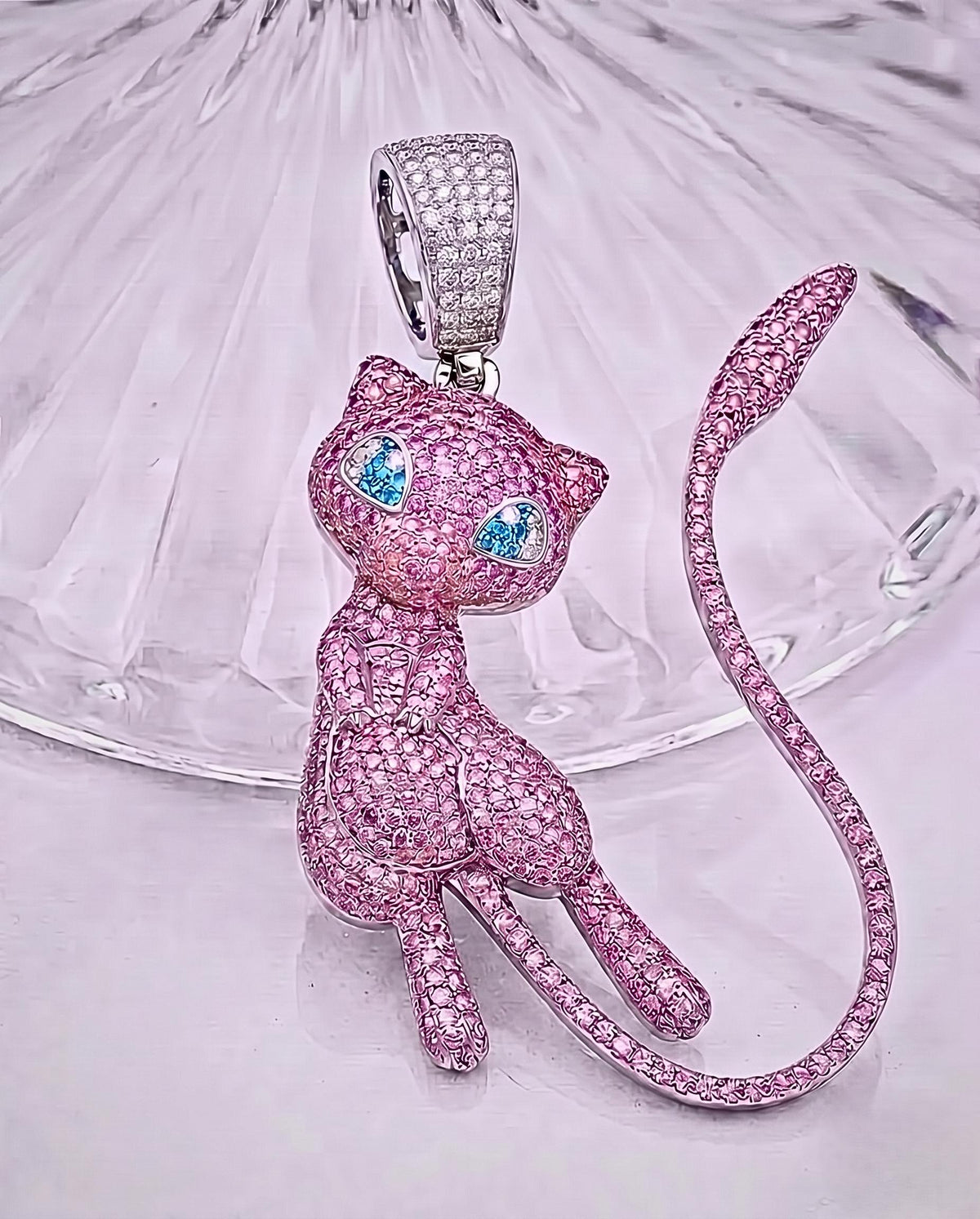 Iced Out Pink Mew Pendant, 925 Sterling Silver Anime Jewelry, Custom Hip Hop Necklace, Kawaii Gamer Gift, Nostalgic Charm , gift for her/him
