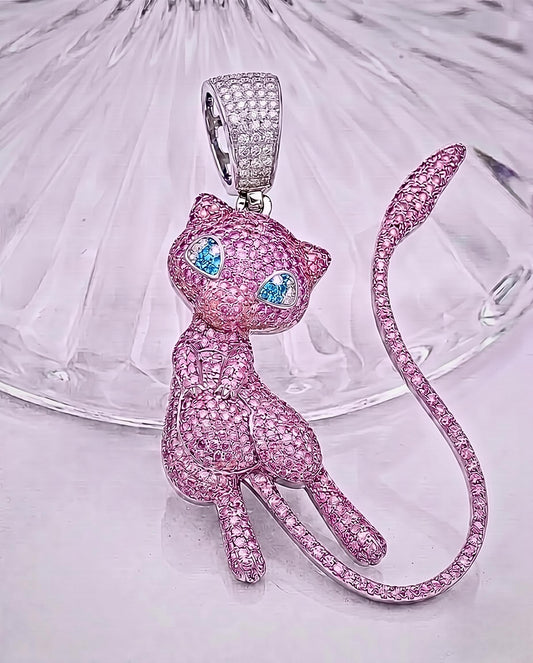 Iced Out Pink Mew Pendant, 925 Sterling Silver Anime Jewelry, Custom Hip Hop Necklace, Kawaii Gamer Gift, Nostalgic Charm , gift for her/him