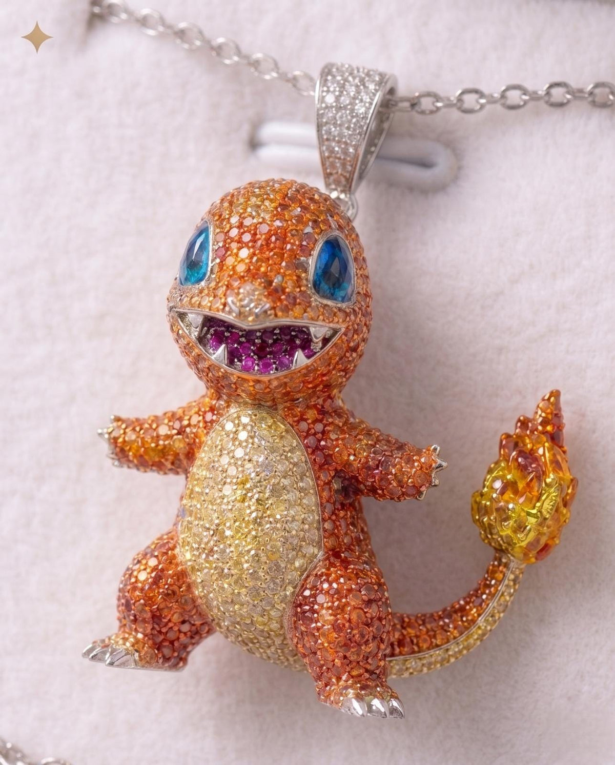 Rare Iced Out Charmander Pokémon Pendant, 925 Sterling Silver Anime Necklace Gamer Gift For her/him
