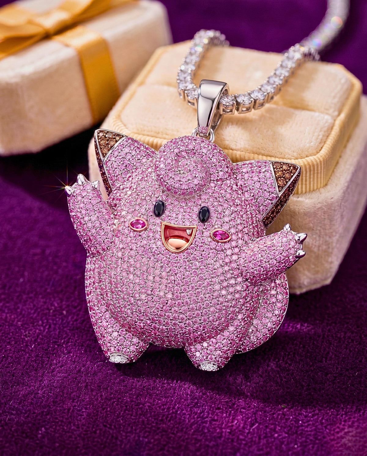Rare Iced Out Clefairy Pokémon Pendant | 925 Sterling Silver Anime Jewelry | Gold Plated Custom Charm | Hip Hop Gamer Gift For her/him