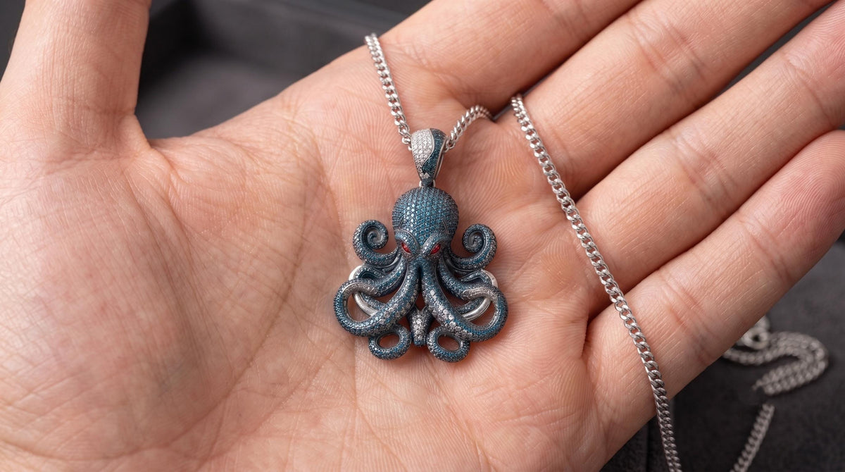 Rare Iced Out Octopus Pendant | 925 Sterling Silver Nautical Halloween Jewelry | Gothic Sea Creature Necklace | Hip Hop gift for her/him