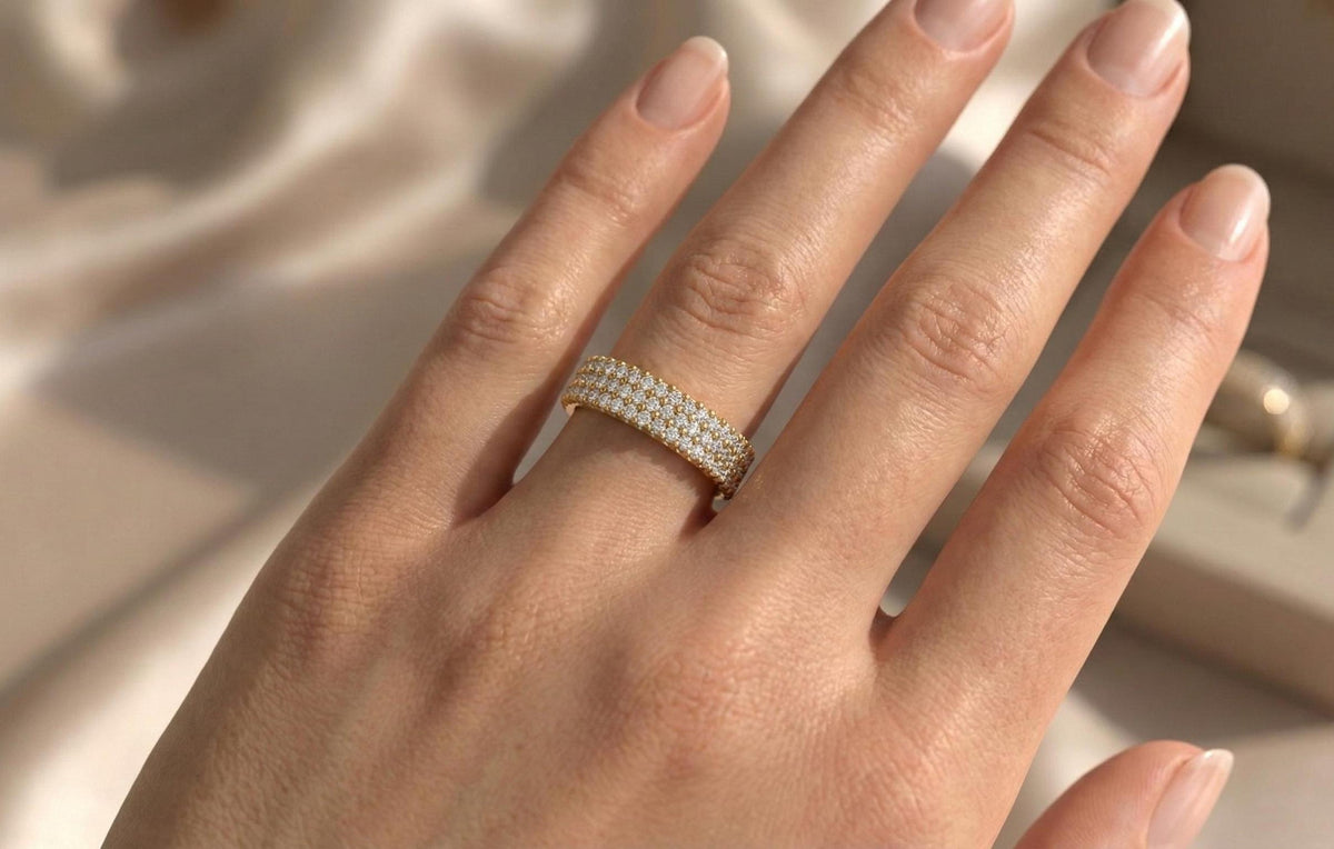 925 Sterling Silver Pave Diamond Band Ring, Gold Plated Wedding Band, Micro Pave CZ Eternity Ring, Anniversary Promise Ring, Gift For Her