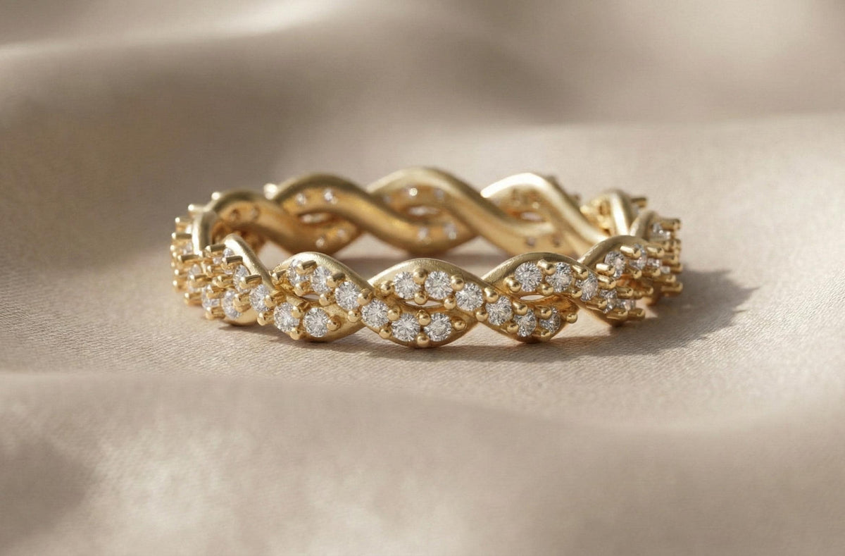 925 Sterling Silver Braided Diamond Ring, Gold Plated Infinity Twist Band, Dainty Wedding Band, Promise Ring, Anniversary Gift for Her