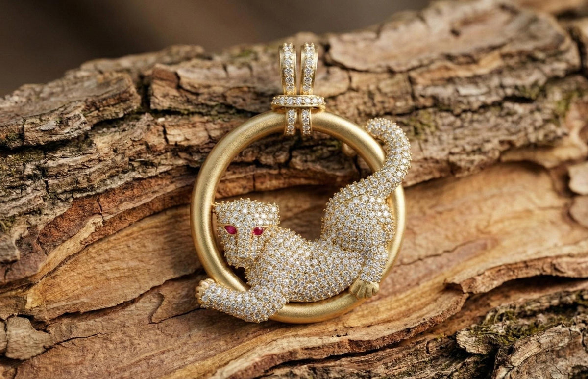Sterling Silver Pave CZ Panther Necklace, Ruby Eye Leopard Pendant