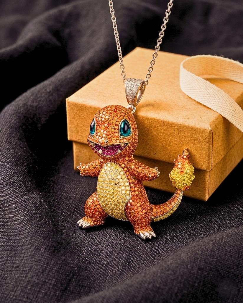 Rare Iced Out Charmander Pokémon Pendant, 925 Sterling Silver Anime Necklace Gamer Gift For her/him