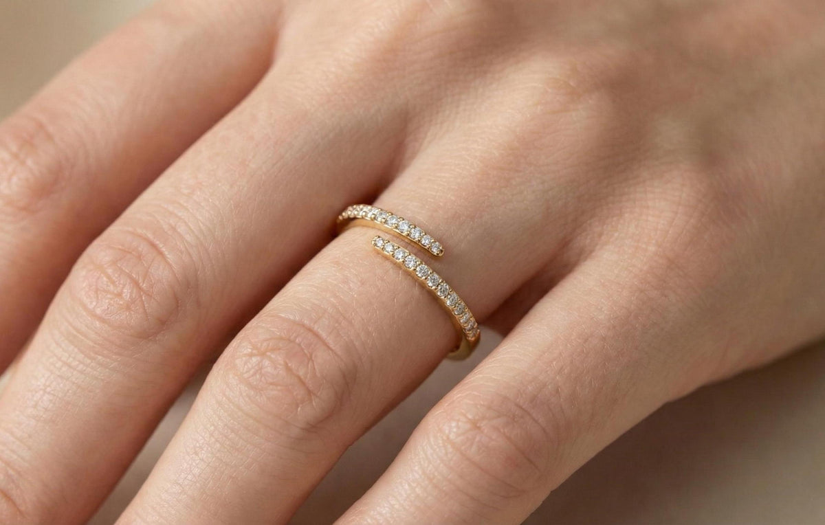 925 Sterling Silver Open Diamond Ring, Gold Plated Minimalist Adjustable Ring, Dainty Pave CZ Open Band, Anniversery Gift For Her