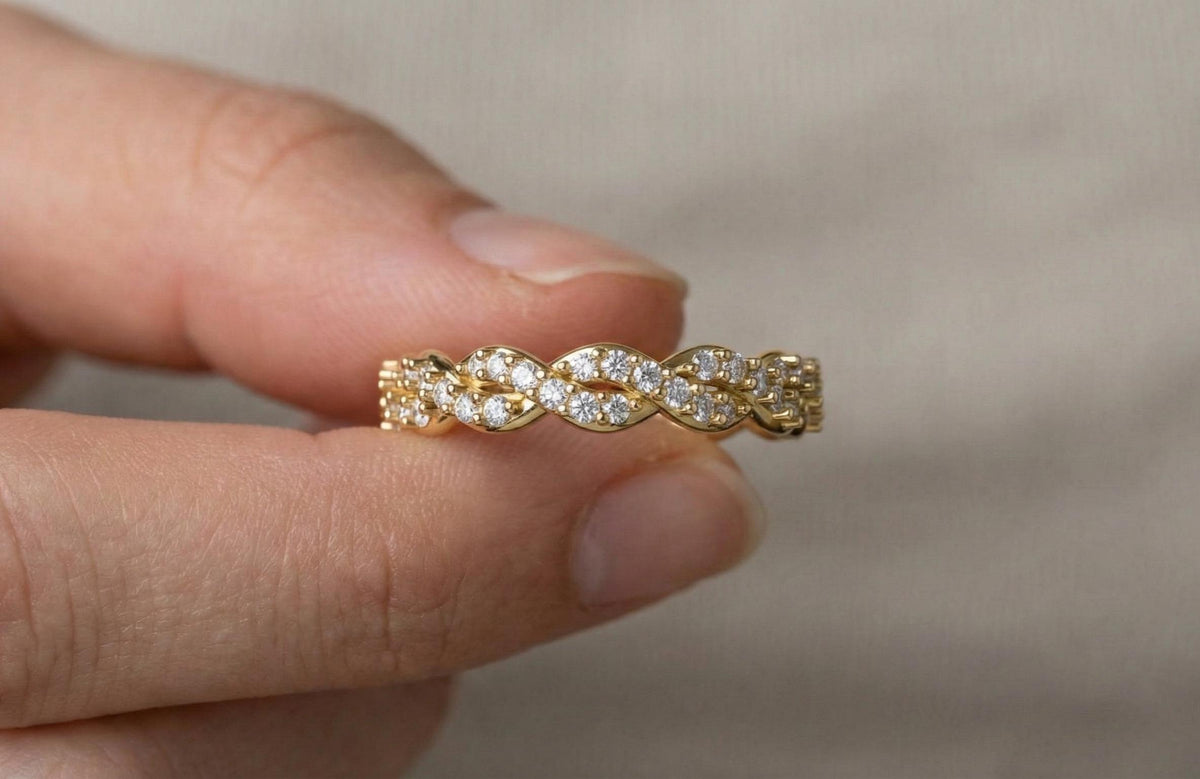 925 Sterling Silver Braided Diamond Ring, Gold Plated Infinity Twist Band, Dainty Wedding Band, Promise Ring, Anniversary Gift for Her
