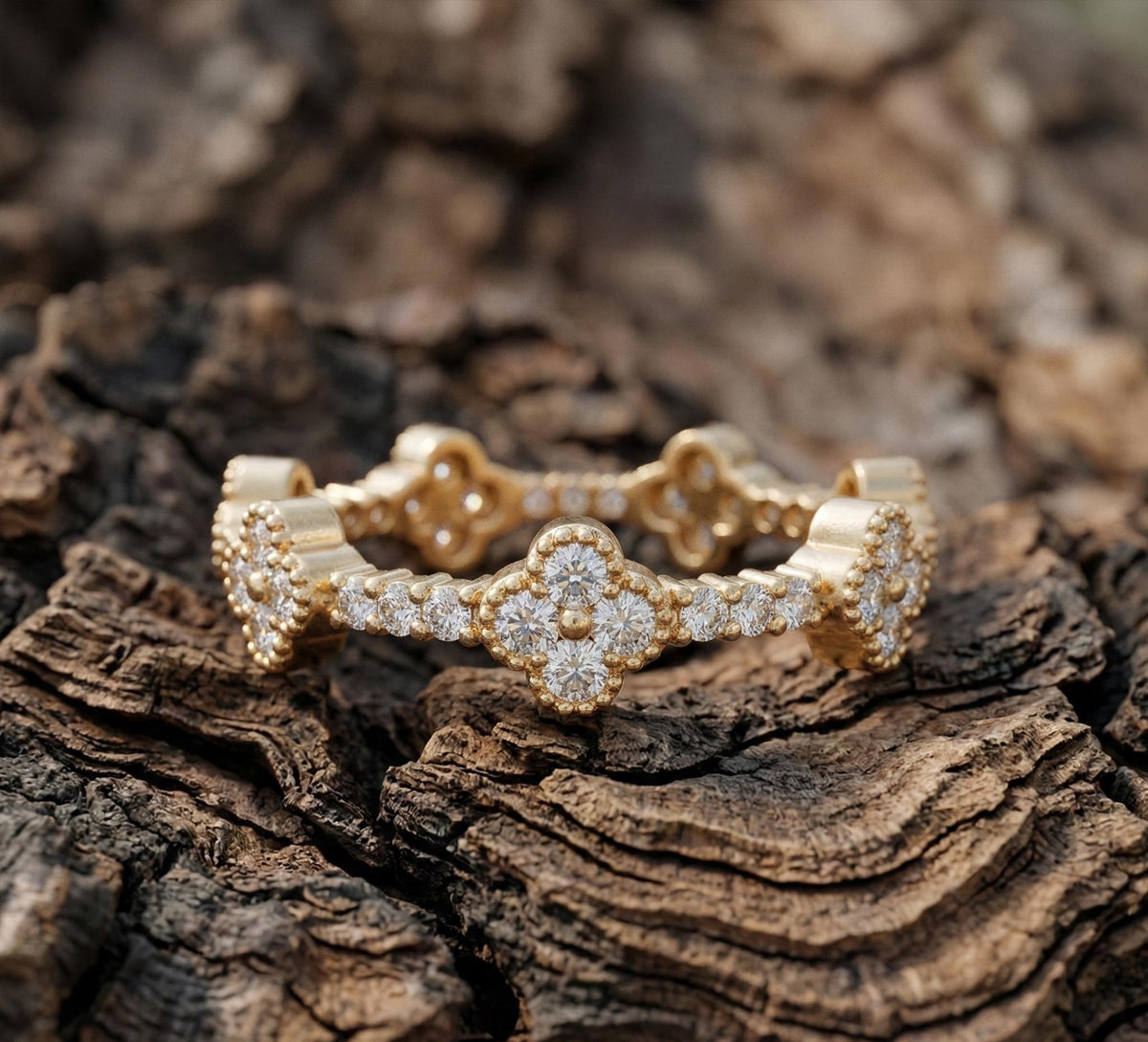 925 Sterling Silver Four Leaf Clover Diamond Ring, Gold Vermeil Floral Cluster Ring, Dainty Diamond Clover Band, Gift For Her,