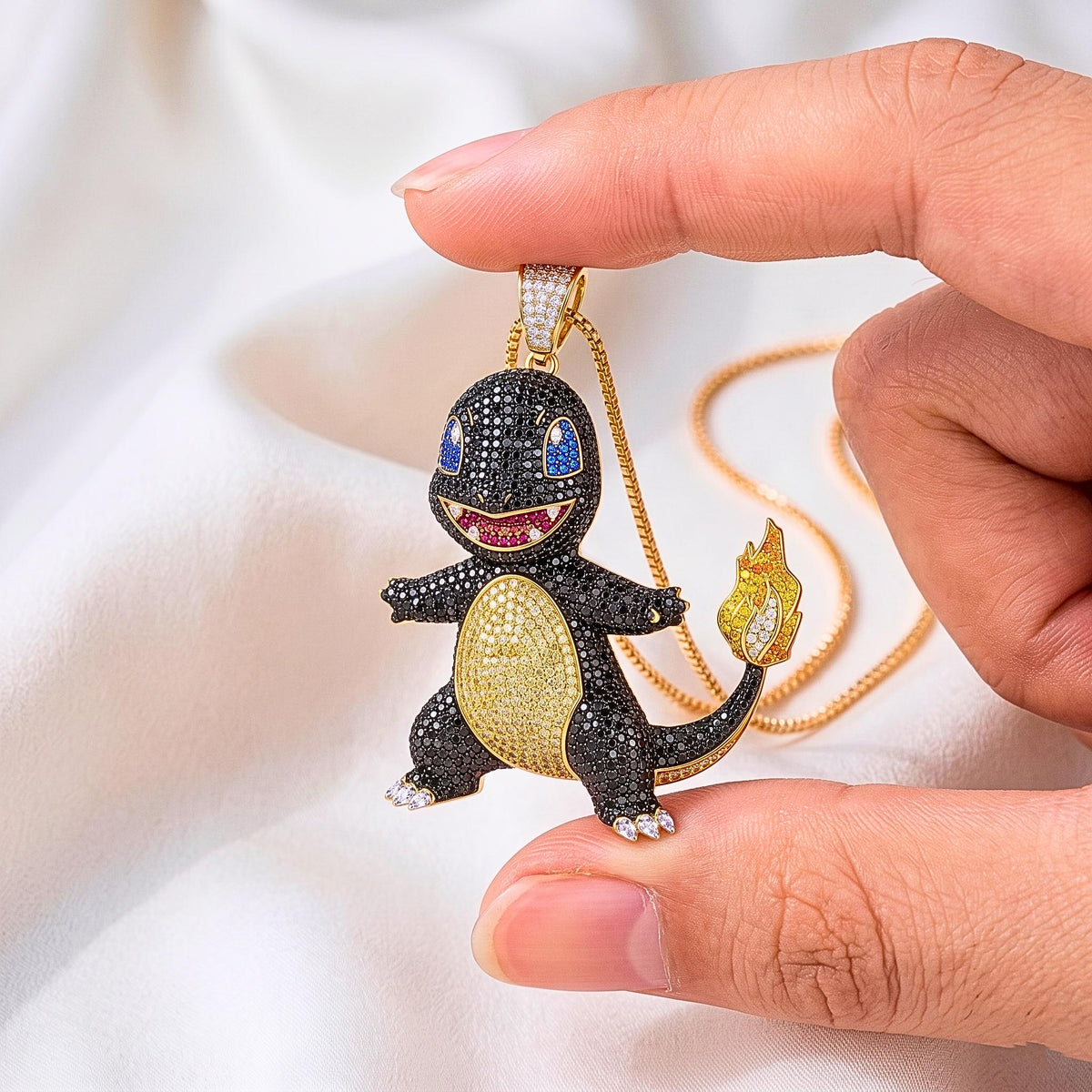 Rare Iced Out Shiny Charmander Pendant | 925 Sterling Silver Anime Jewelry | Custom Hip Hop Gamer Charm | Pop Culture Bling Gift for her/him