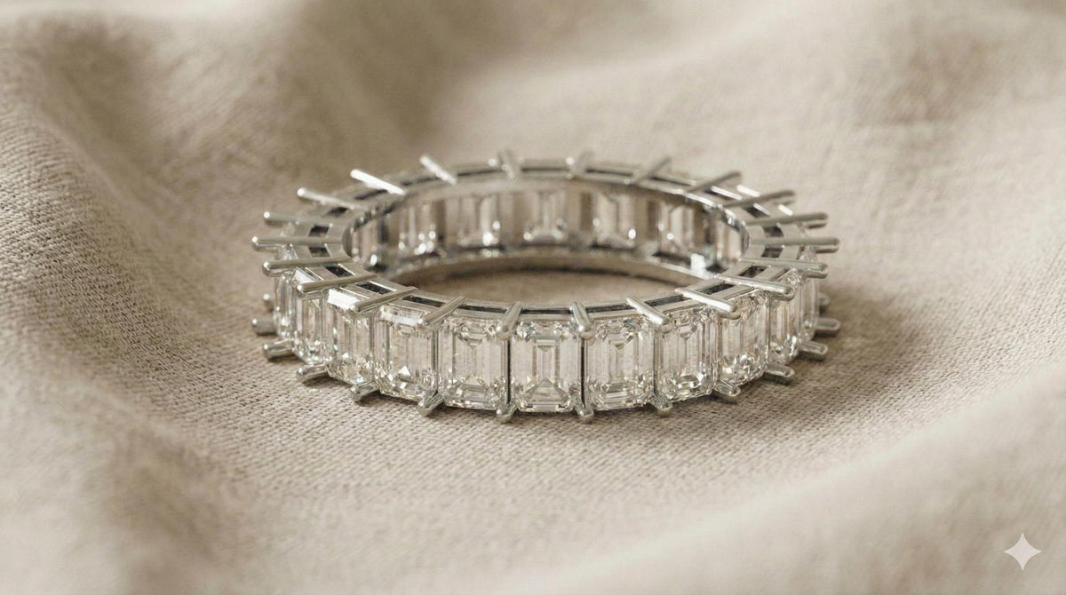 Sterling Silver Emerald Cut Moissanite Eternity Ring, Handmade Wedding Band