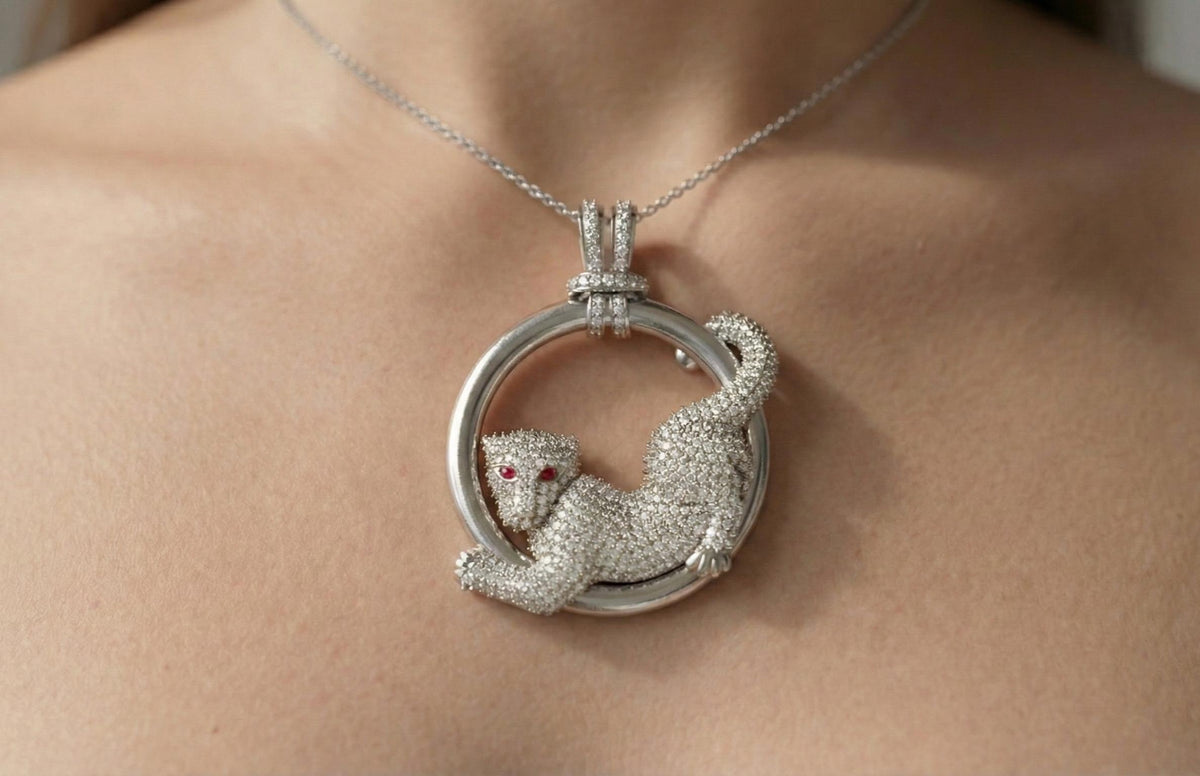Sterling Silver Pave CZ Panther Necklace, Ruby Eye Leopard Pendant
