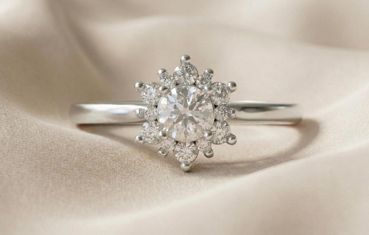 925 Sterling Silver Halo Engagement Ring, Gold Plated Floral Diamond Ring, Round Cut Promise Ring, Dainty Bridal Ring,  Gift for Women