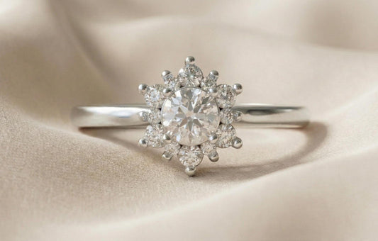 925 Sterling Silver Halo Engagement Ring, Gold Plated Floral Diamond Ring, Round Cut Promise Ring, Dainty Bridal Ring,  Gift for Women