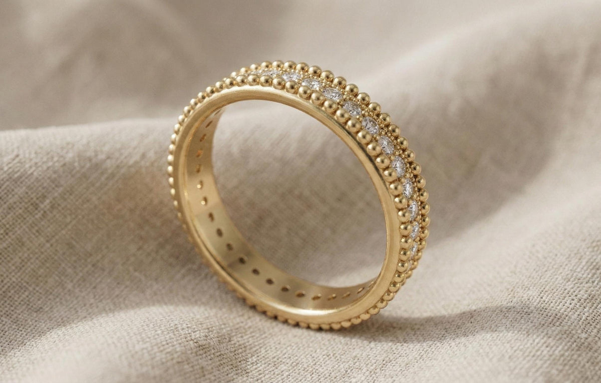 925 Sterling Silver Beaded Eternity Band Ring, Gold Plated Diamond CZ Stackable Ring, Milgrain Wedding Band, Minimalist Promise Ring