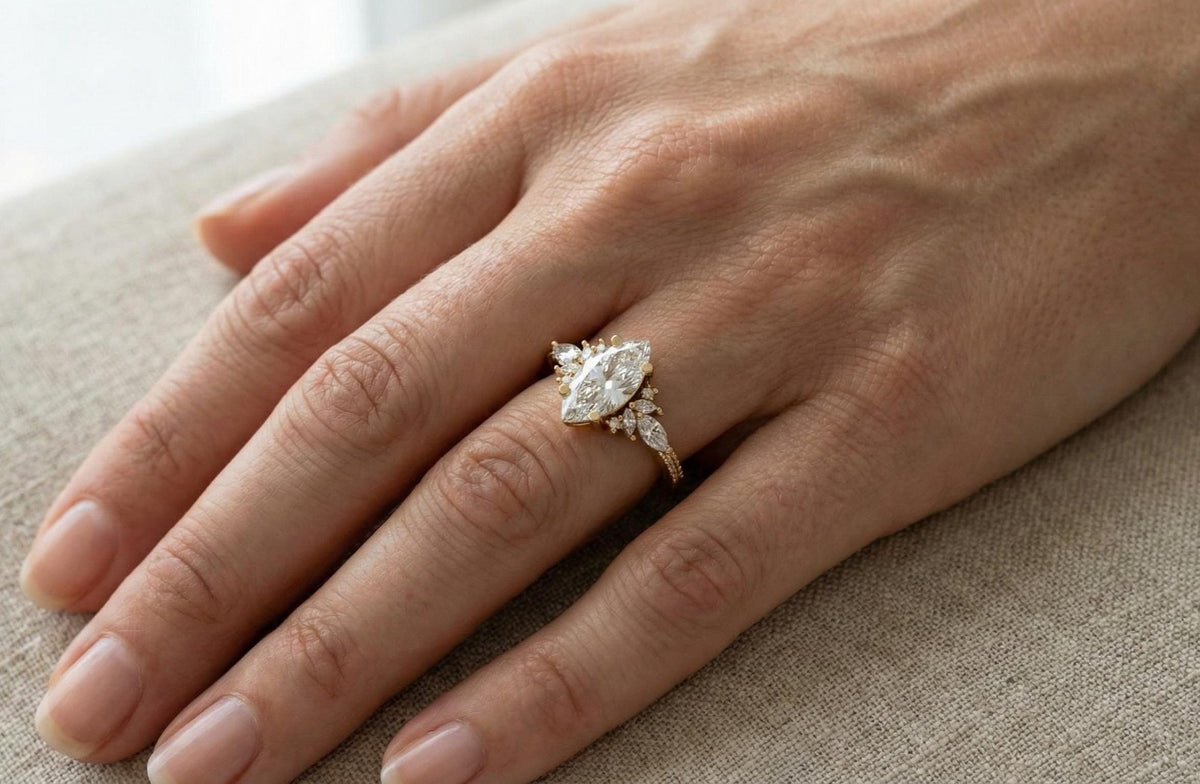 Marquise Moissanite Engagement Ring, Vintage Leaf Design, 925 Sterling Silver
