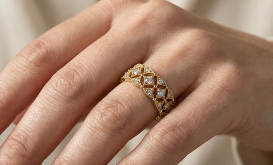 925 Sterling Silver Gold filigree Ring, Vintage Art Deco Wedding Band, Diamond Style Anniversary Ring, Handmade Statement Ring Gift for Her