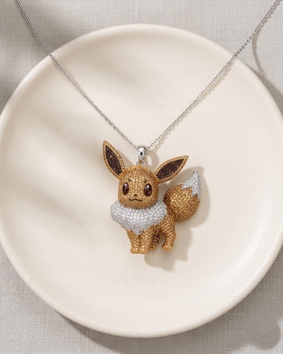 Rare Eevee Pendant 925 Sterling Silver Iced Out Pokemon Jewelry Micro Pave Anime Charm Geeky Gamer Gift Kawaii Pocket Monster Gift for her.