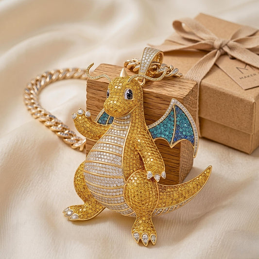 Iced Out Dragonite Pokemon Pendant | 925 Sterling Silver Anime Jewelry | Hip Hop Gamer Charm | Custom Pop Culture Bling | Gift for her/him.