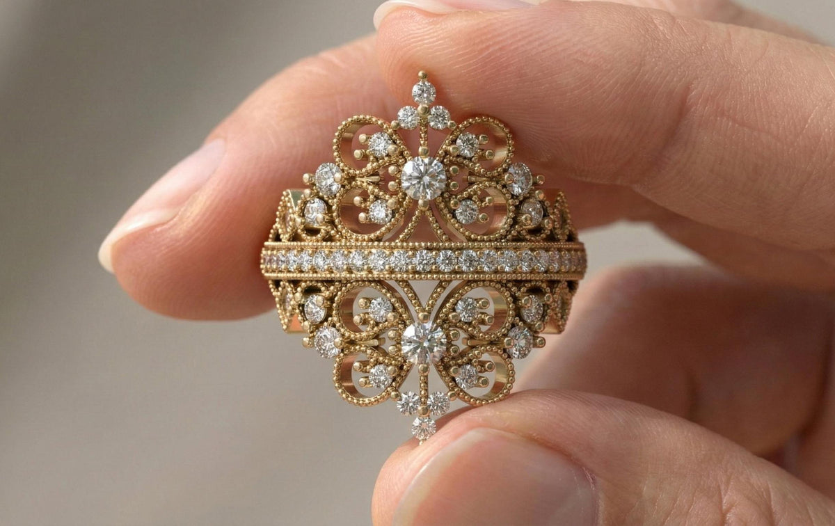 Gold Butterfly Filigree Ring | Vintage Style Wide Band | Diamond Statement Ring | Victorian Revival Cocktail Ring | Floral Lace Wedding Ring