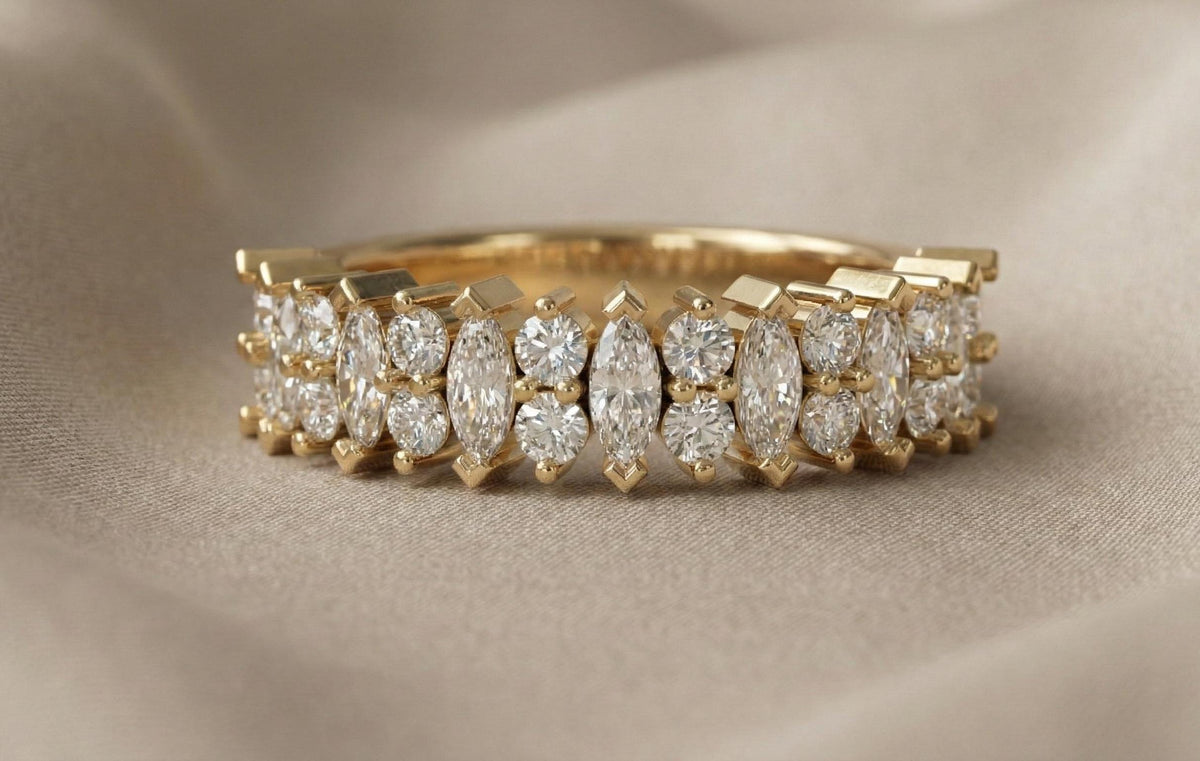 925 Sterling Silver Marquise & Round Cut Diamond Band Ring, Gold Vermeil Eternity Band, Stackable Wedding Ring, Anniversary Gift for Her,