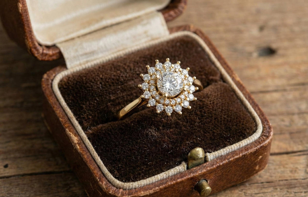 Gold Plated Sterling Silver Halo Engagement Ring, Vintage Bridal Jewelry