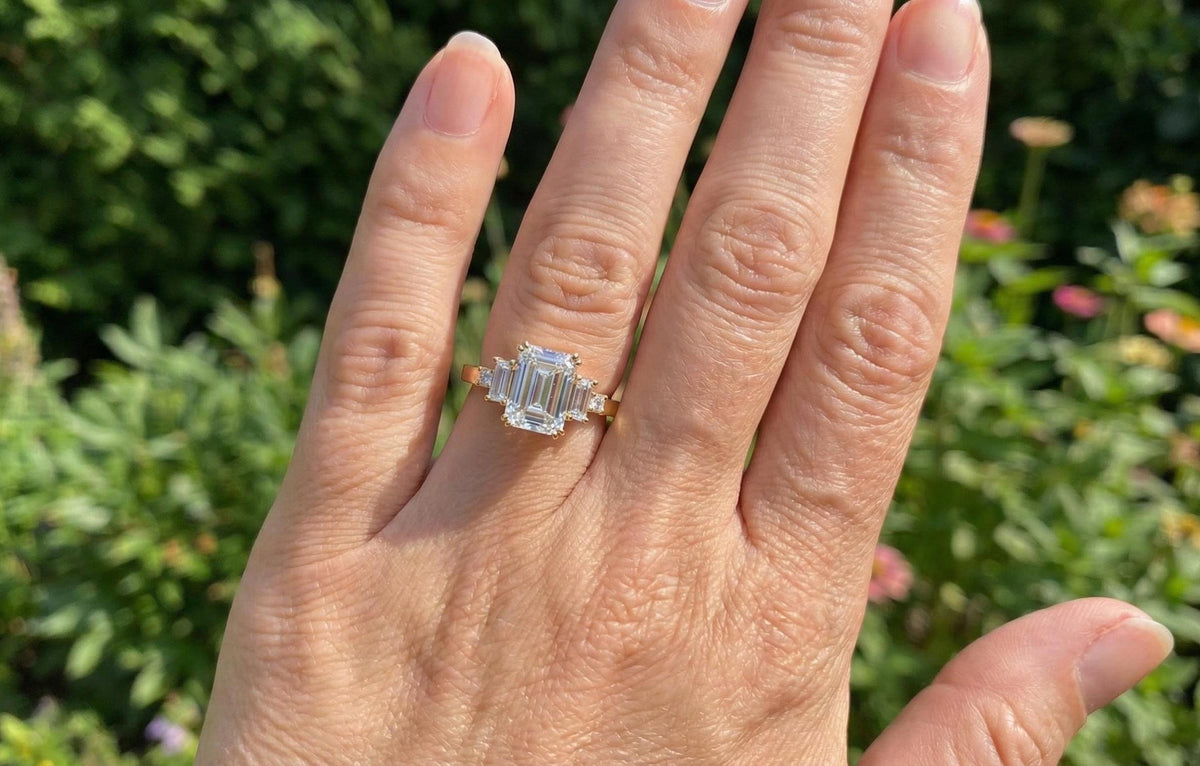 Emerald Cut Moissanite Ring, Sterling Silver Three Stone Engagement Ring