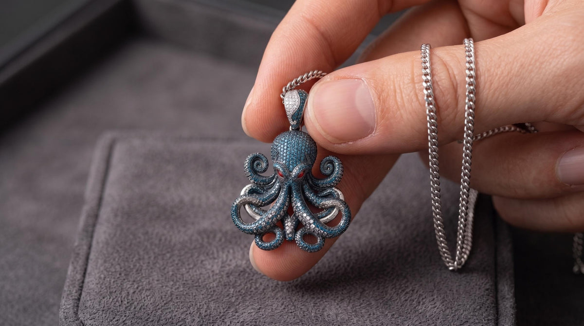 Rare Iced Out Octopus Pendant | 925 Sterling Silver Nautical Halloween Jewelry | Gothic Sea Creature Necklace | Hip Hop gift for her/him