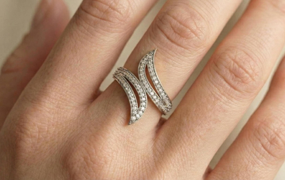 925 Sterling Silver Wave Ring with Cubic Zirconia | Modern Curved Statement Ring | Minimalist Luxury Gift for Women