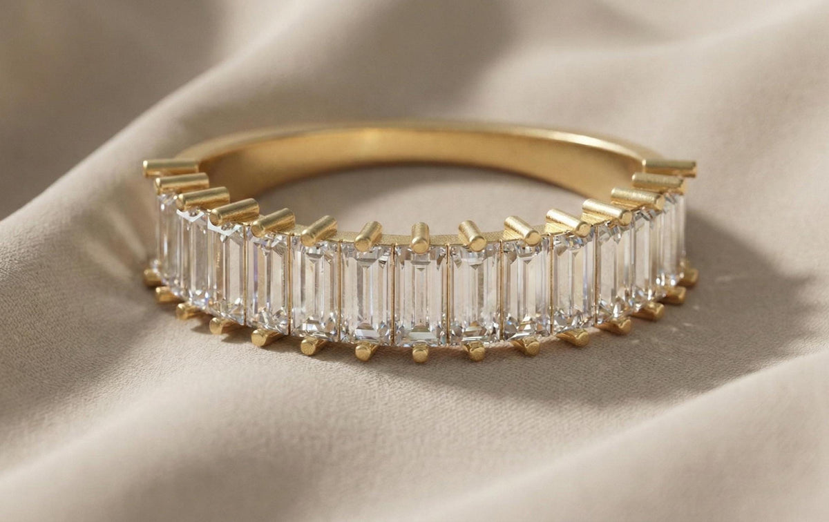 925 Sterling Silver Baguette Cut Eternity Ring, Minimalist Diamond Band, Gold Finish Wedding Ring, Anniversary Gift for Her, Women Jewellery