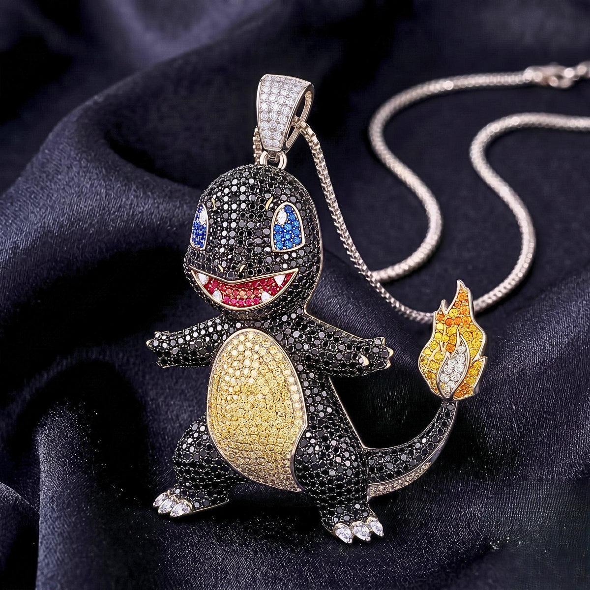 Rare Iced Out Shiny Charmander Pendant | 925 Sterling Silver Anime Jewelry | Custom Hip Hop Gamer Charm | Pop Culture Bling Gift for her/him