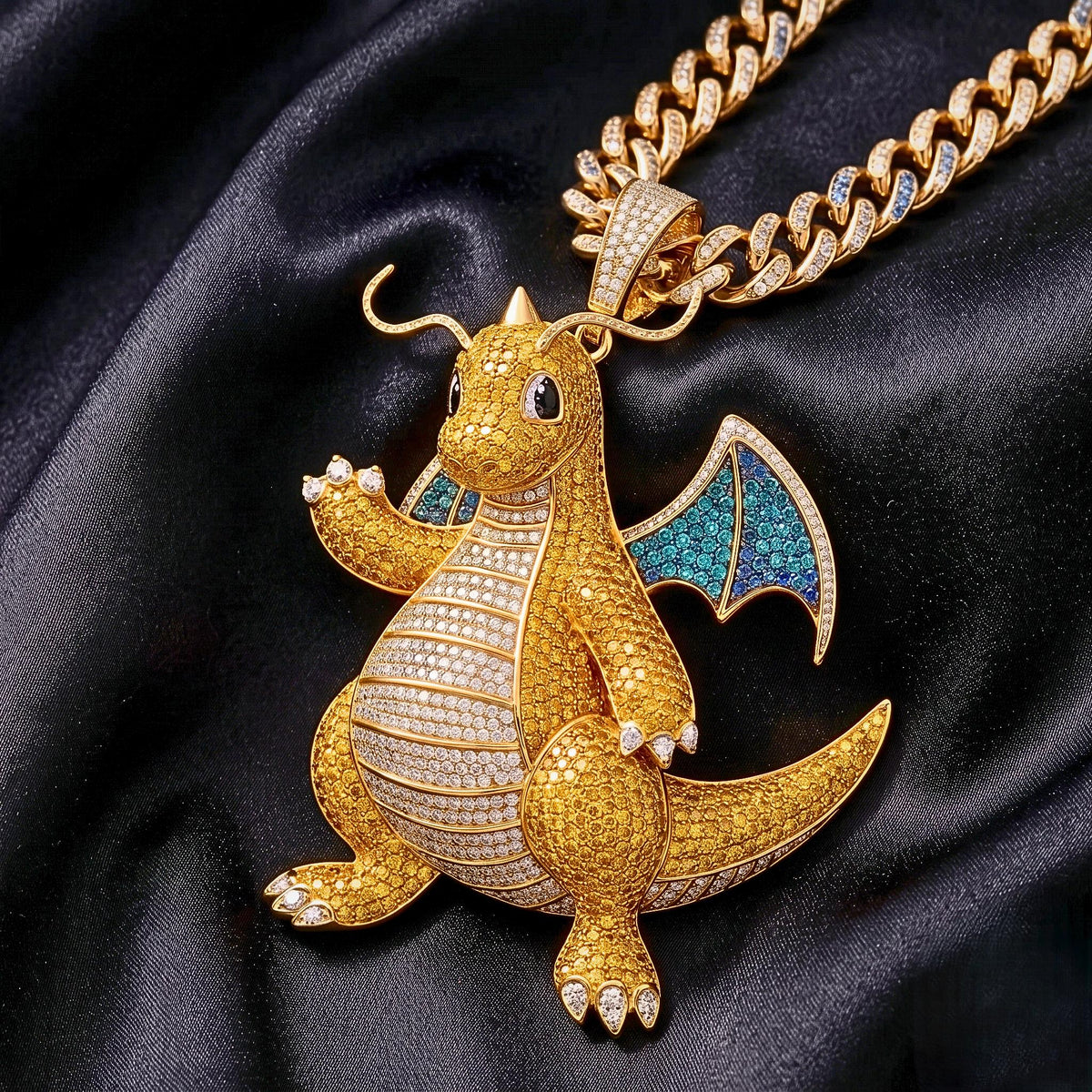 Iced Out Dragonite Pokemon Pendant | 925 Sterling Silver Anime Jewelry | Hip Hop Gamer Charm | Custom Pop Culture Bling | Gift for her/him.