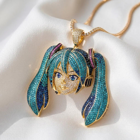 Iced Out Hatsune Miku Pendant , Inspired by north west | 925 Sterling Silver Anime Jewelry | Custom Hip Hop Anime | Gold Plated gift for her
