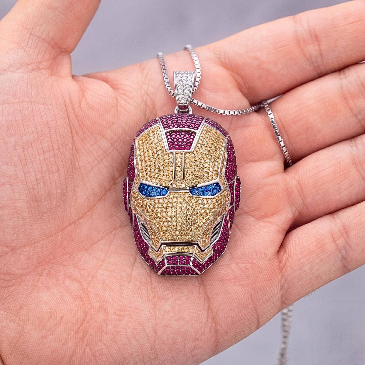Rare Iced Out Iron Man Mask Pendant | 925 Sterling Silver & Yellow Gold Plated Avengers Jewelry | Rare  Superhero Necklace Gift for her/him