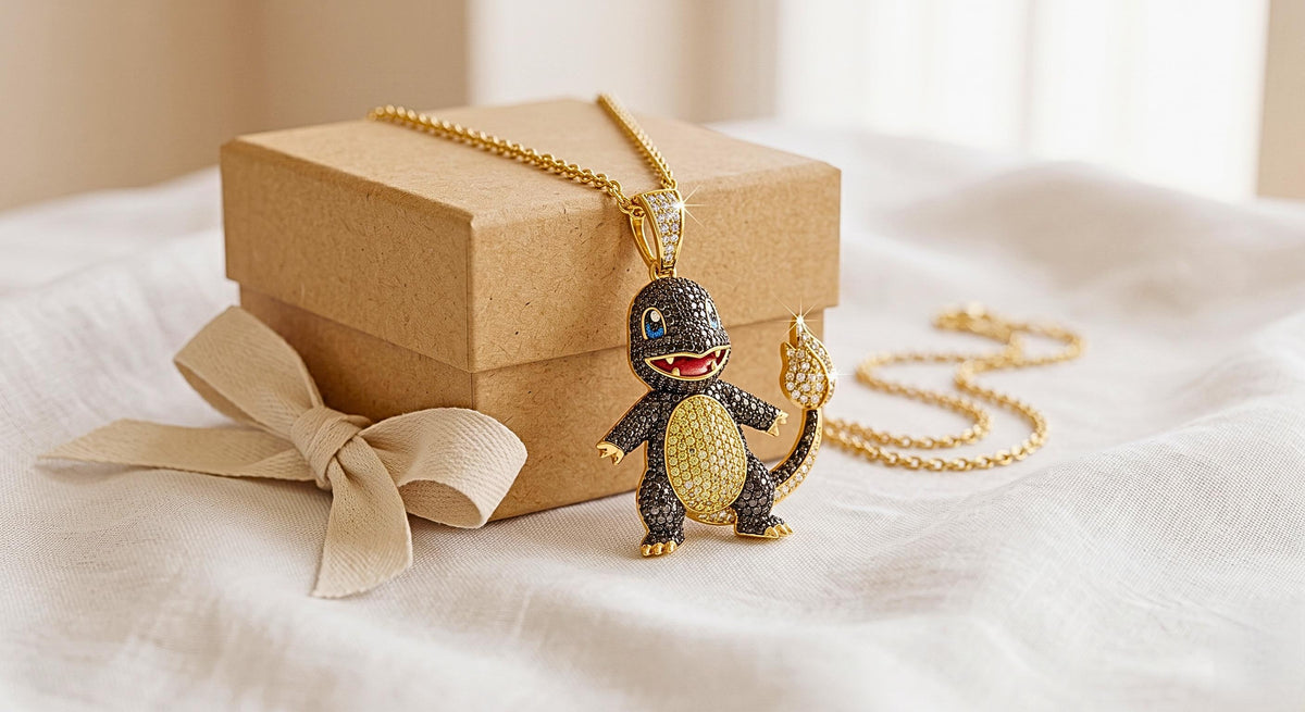 Rare Iced Out Shiny Charmander Pendant | 925 Sterling Silver Anime Jewelry | Custom Hip Hop Gamer Charm | Pop Culture Bling Gift for her/him