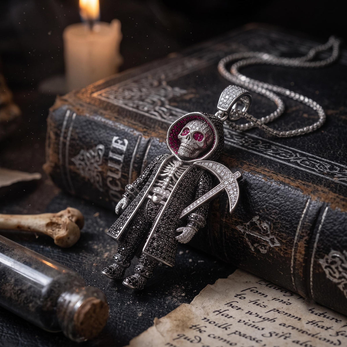 Rare Iced Out Grim Reaper Pendant | 925 Sterling Silver Halloween  Skeleton | Gold Plated Jewelry | Hip Hop Charm Gift for her/him