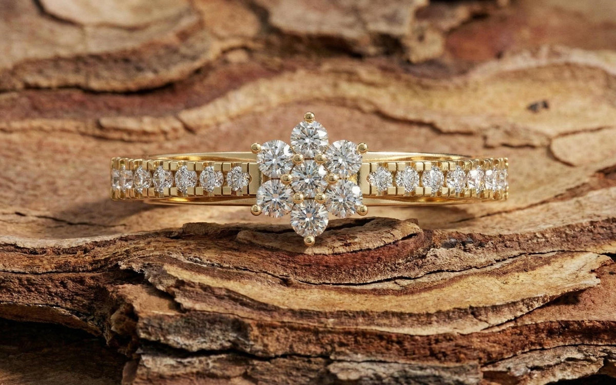 925 Sterling Silver Flower Cluster Ring, Gold Plated Diamond CZ Floral Engagement Ring, Dainty Promise Ring for Women, Gift For Her