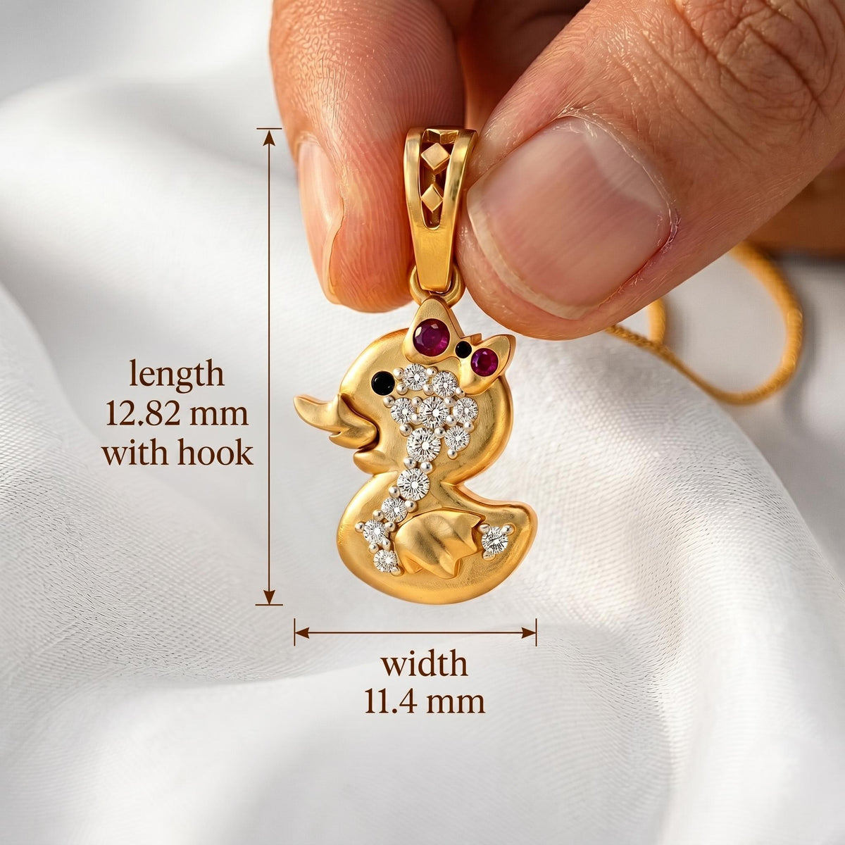 925 Sterling Silver Duckling Pendant with Red Bow, Sparkling Stones | Whimsical Children's Jewelry