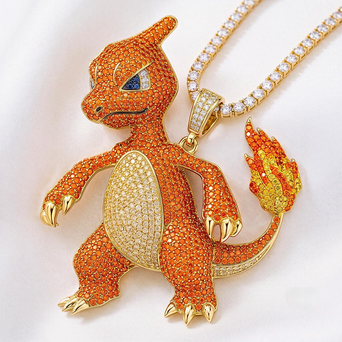 Rare Iced Out Charmeleon Pokémon Pendant 925 Sterling Silver Anime Jewelry Gamer Gift Hip Hop Fire Monster Charm Nostalgia Gift for him/her