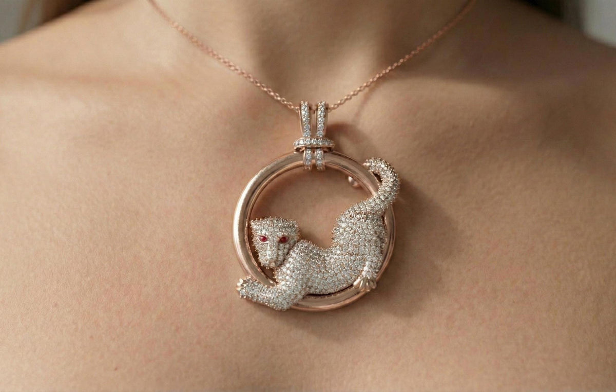 Sterling Silver Pave CZ Panther Necklace, Ruby Eye Leopard Pendant