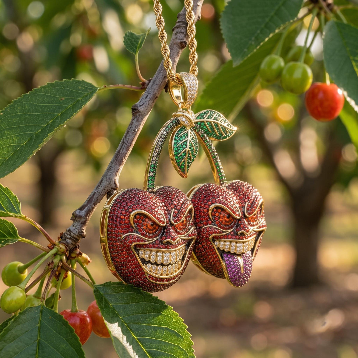 Rare Iced Out Evil Cherry Pendant |  925 Sterling Silver Halloween Jewelry | Custom Macabre Charm | Gold Plated Hip Hop Gift for her/him