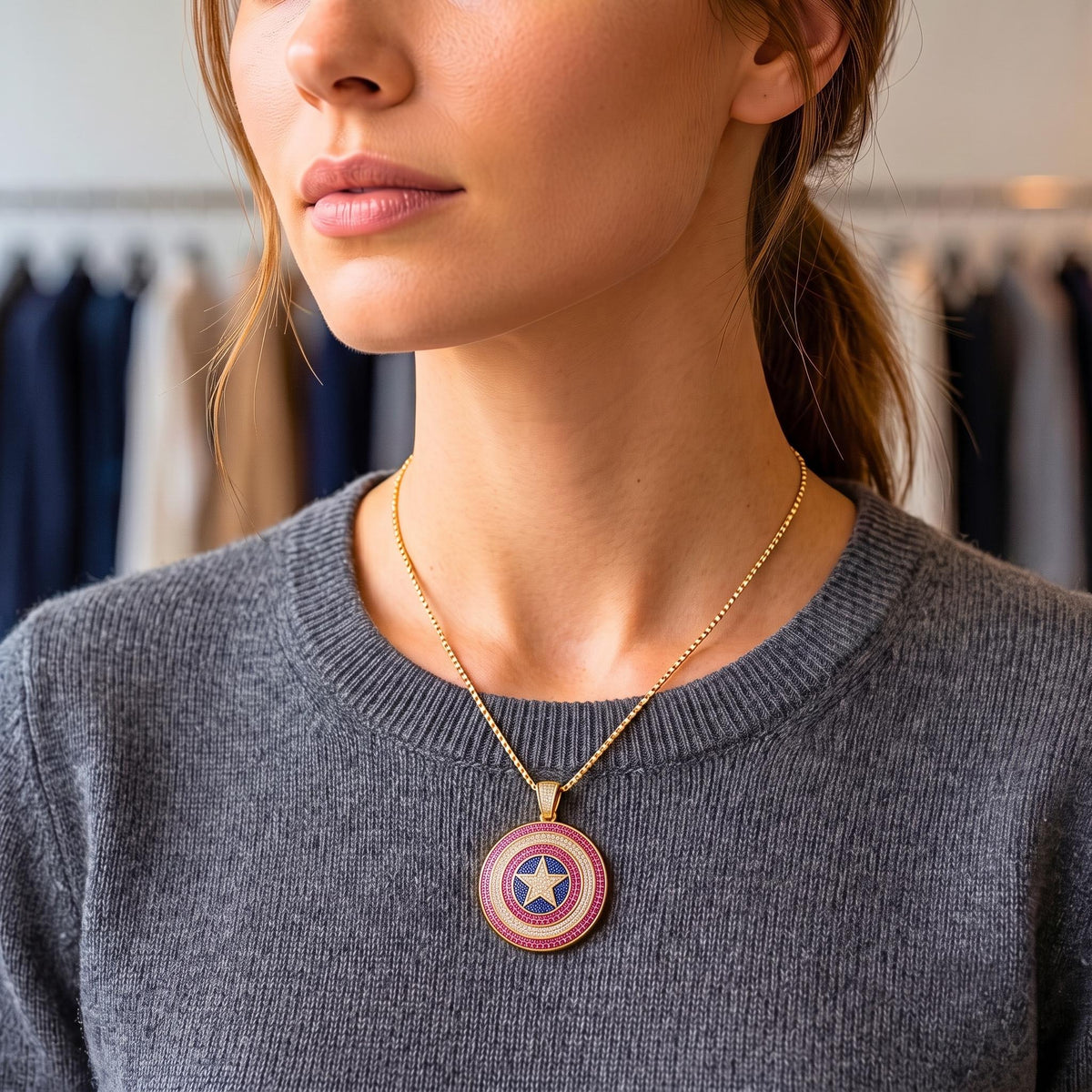 Iced Out Captain America Shield Pendant | Sterling Silver Pink CZ Avengers Necklace