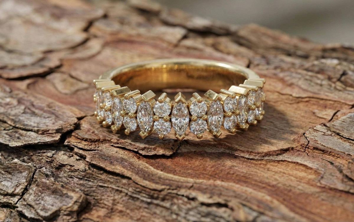 925 Sterling Silver Marquise & Round Cut Diamond Band Ring, Gold Vermeil Eternity Band, Stackable Wedding Ring, Anniversary Gift for Her,