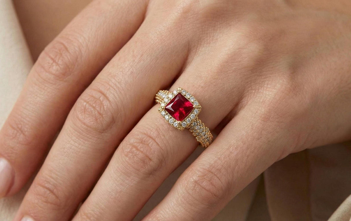 925 Sterling Silver Red Ruby Engagement Ring, Princess Cut Halo Diamond Ring, Gold Plated Statement Ring for Women, Gift for Her