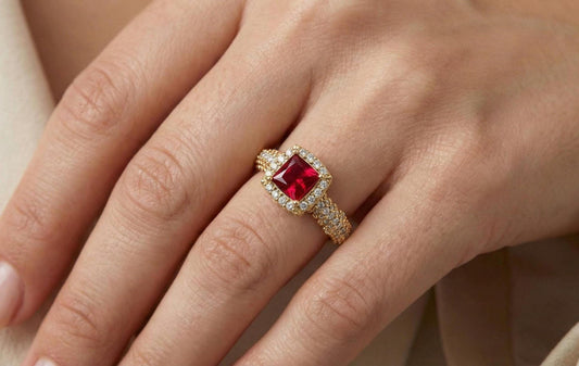 925 Sterling Silver Red Ruby Engagement Ring, Princess Cut Halo Diamond Ring, Gold Plated Statement Ring for Women, Gift for Her