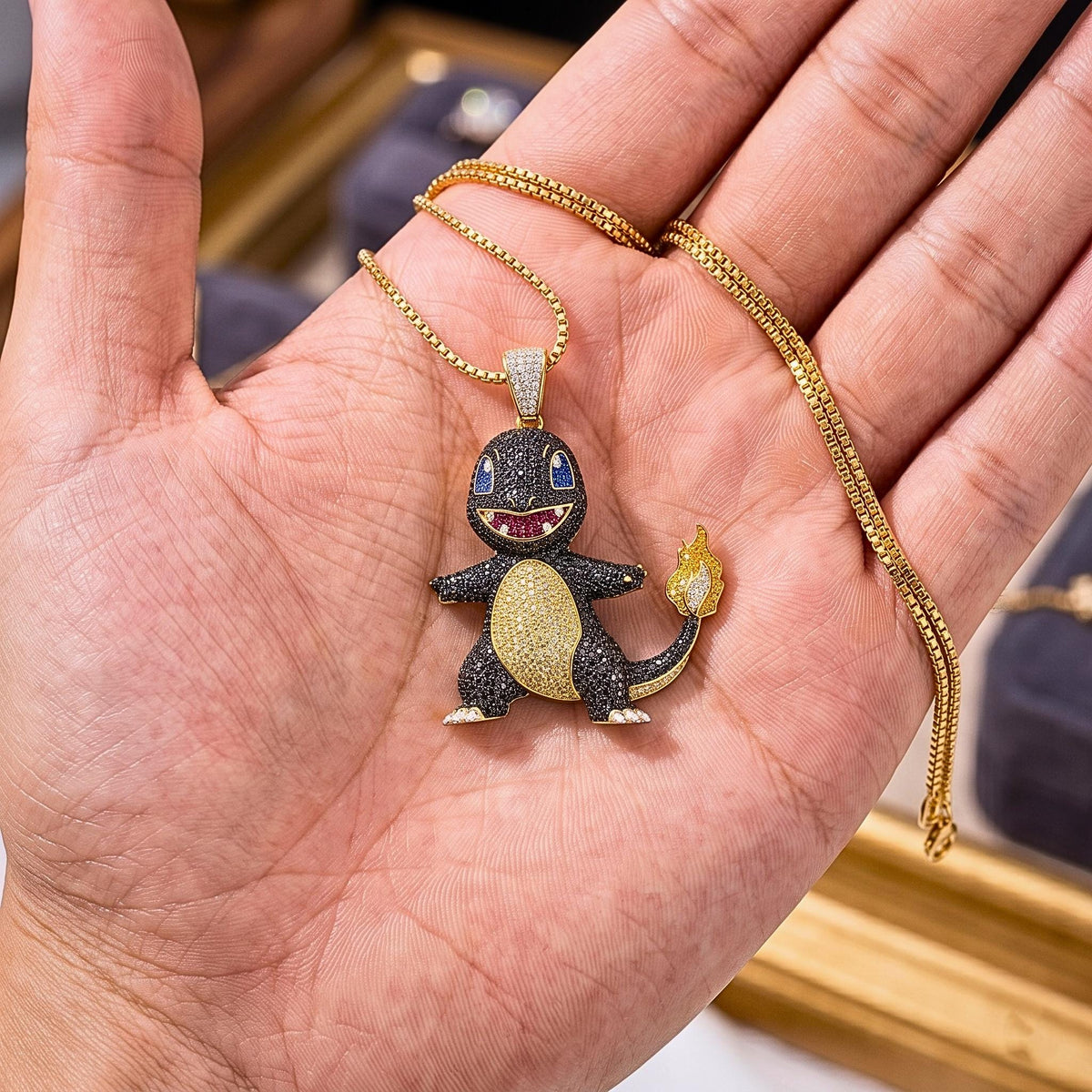 Rare Iced Out Shiny Charmander Pendant | 925 Sterling Silver Anime Jewelry | Custom Hip Hop Gamer Charm | Pop Culture Bling Gift for her/him