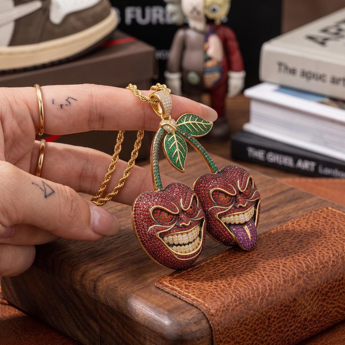 Rare Iced Out Evil Cherry Pendant |  925 Sterling Silver Halloween Jewelry | Custom Macabre Charm | Gold Plated Hip Hop Gift for her/him