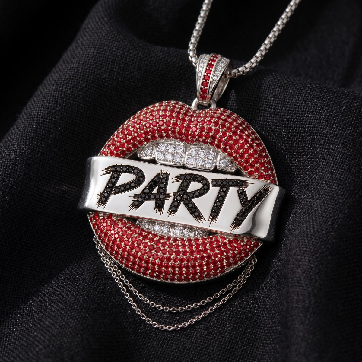 Rare Iced Out Party Lips Pendant | 925 Sterling Silver Hip Hop Jewelry | Crystal Statement Necklace | Custom Pop Art Jewelry Men Women