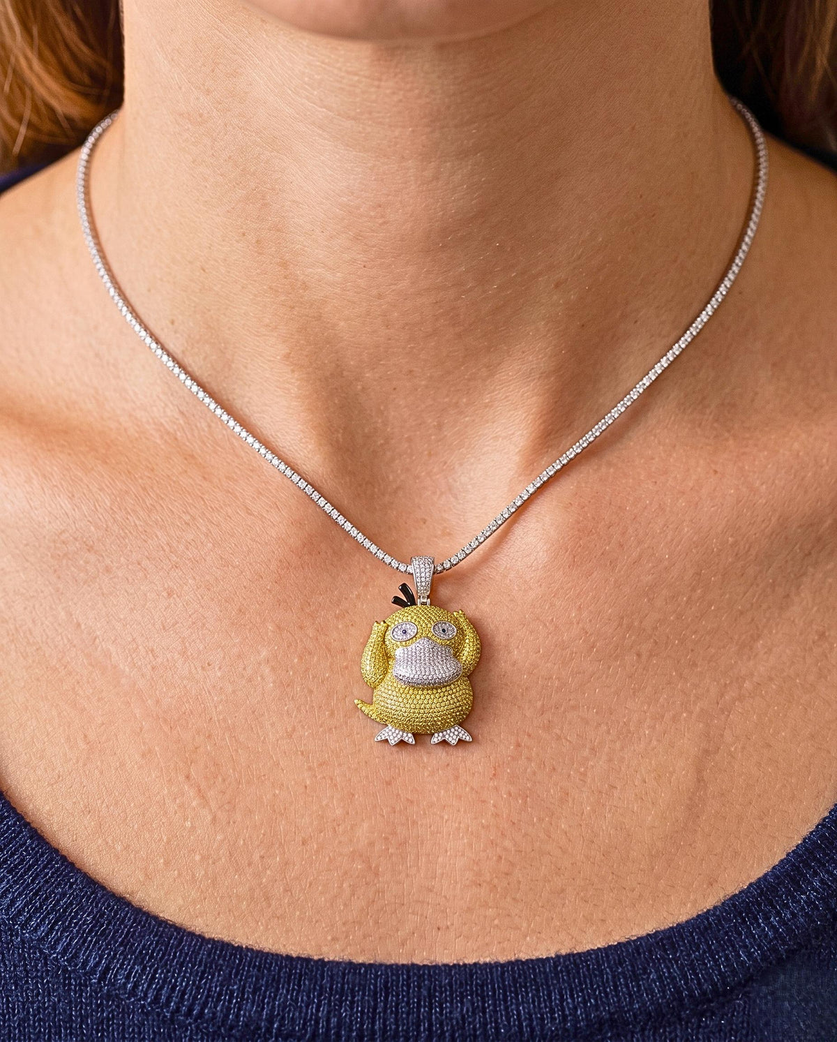 Iced Out Psyduck Pendant | Micro Pave Anime Necklace | 925 Sterling Silver Character Jewelry | Custom Gamer Chain